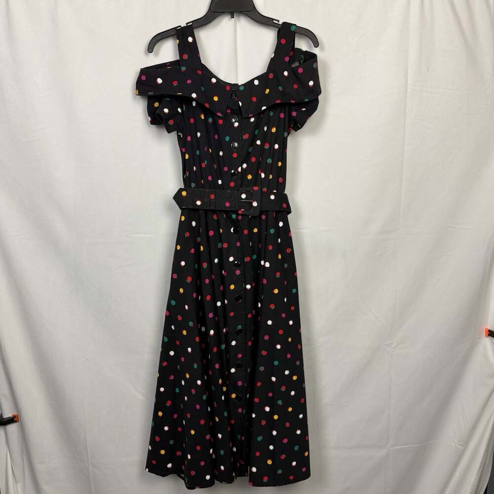 SL Fashions Vintage 80s Polka Dot Dress Cold Shoulder Belted Midi Cotton 12